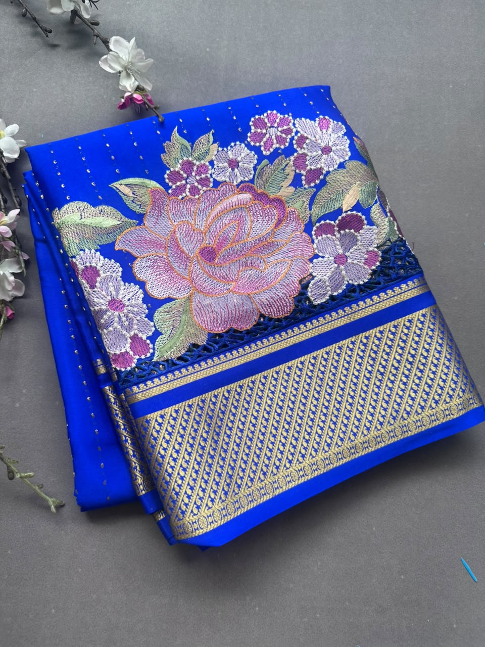 Royal Blue Cutwork Embroidery Pure Mysore Crepe Silk Saree 108