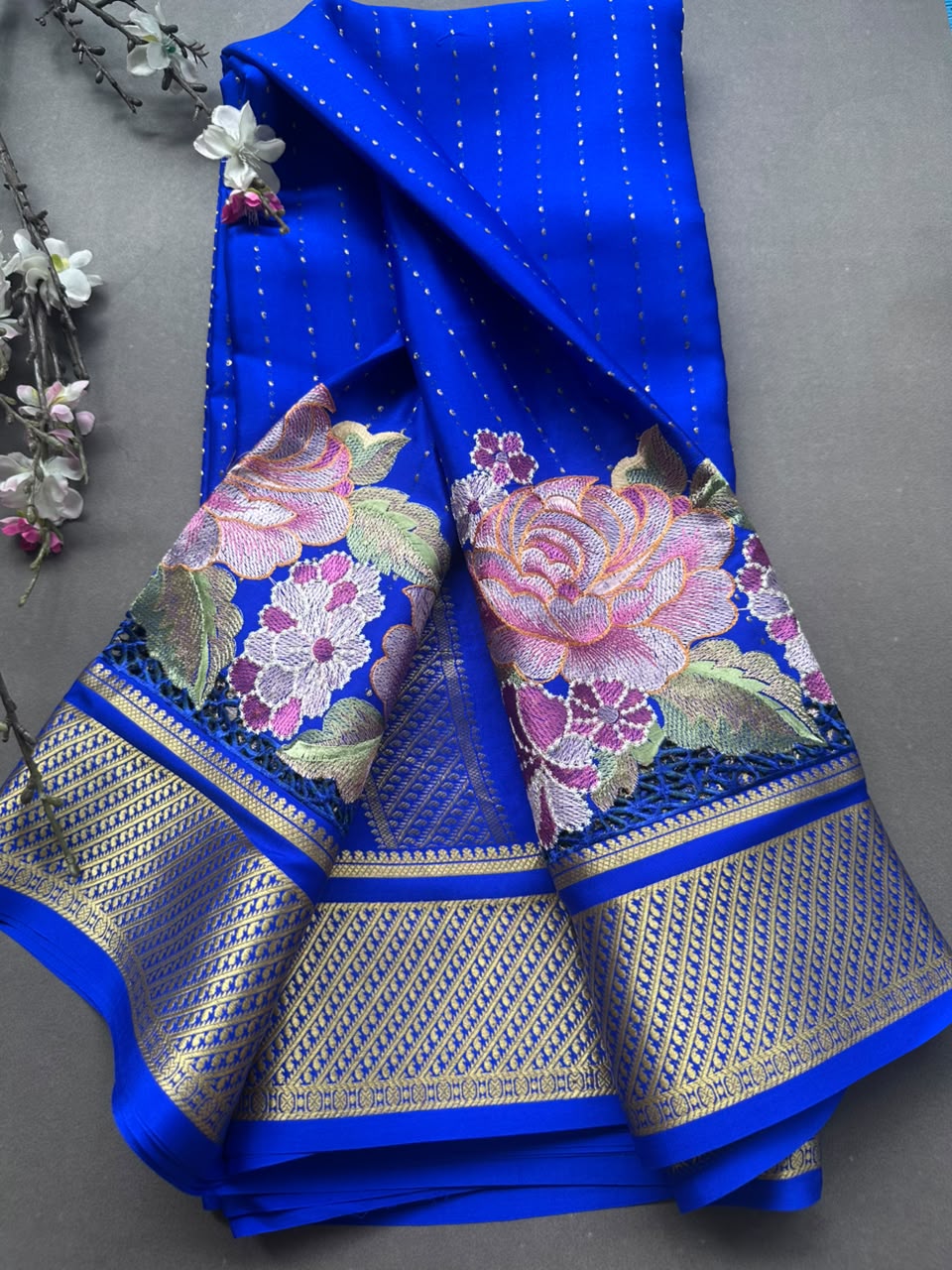 Royal Blue Cutwork Embroidery Pure Mysore Crepe Silk Saree 108
