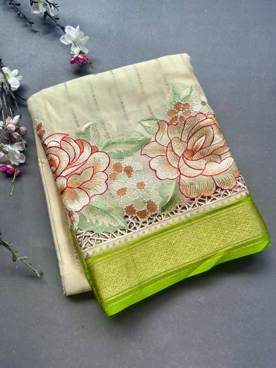 Cream Cutwork Embroidery Pure Mysore Crepe Silk Saree 108