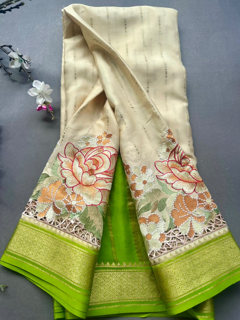 Cream Cutwork Embroidery Pure Mysore Crepe Silk Saree 108