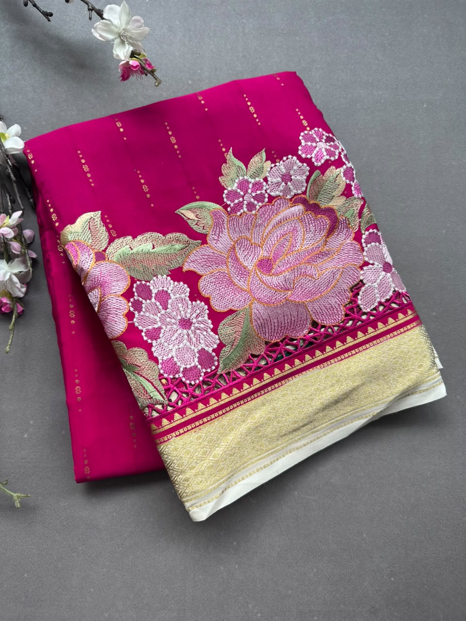 Rani Pink Cutwork Embroidery Pure Mysore Crepe Silk Saree 108