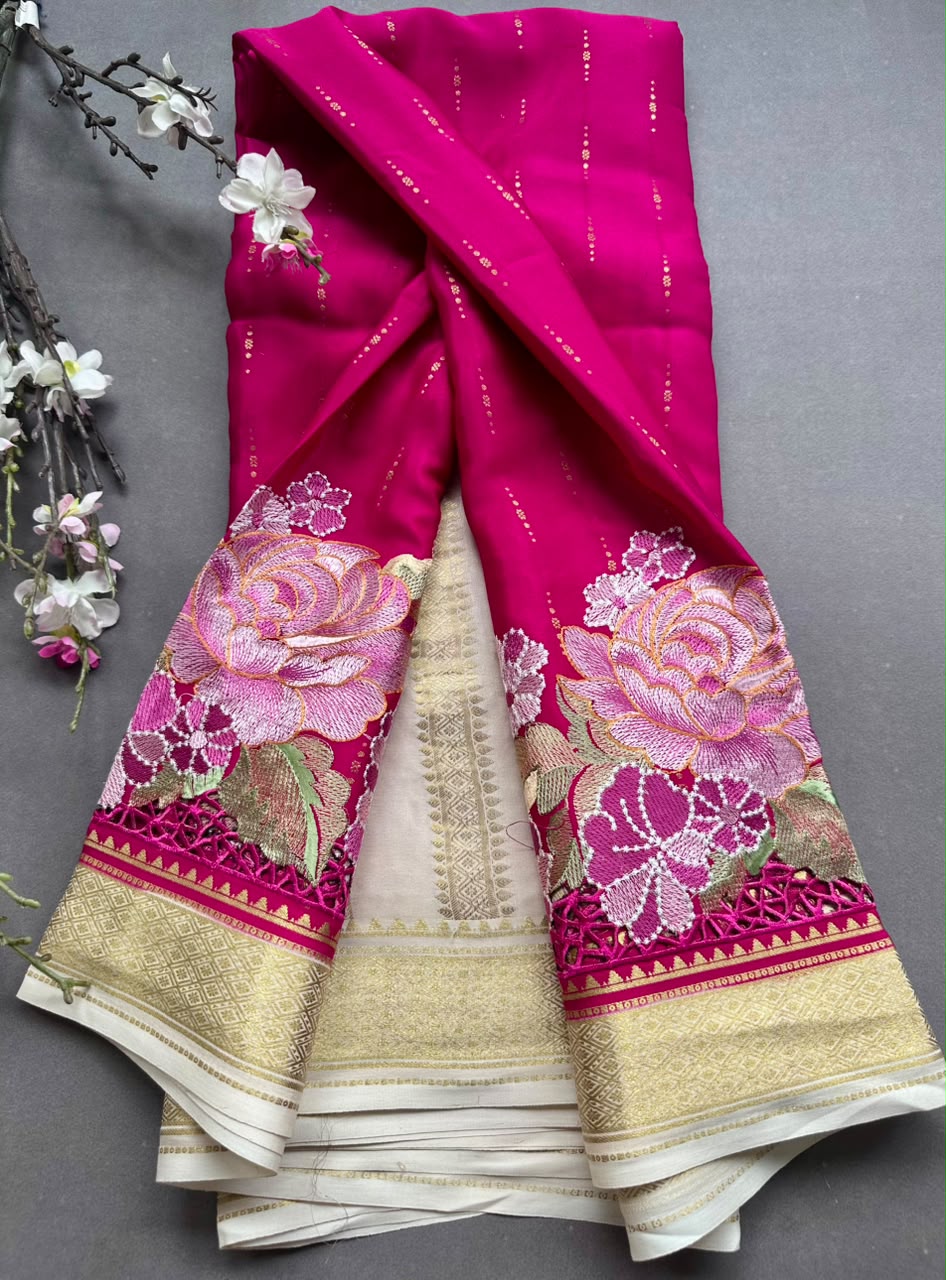 Rani Pink Cutwork Embroidery Pure Mysore Crepe Silk Saree 108