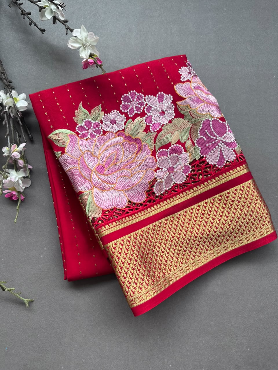 Red Cutwork Embroidery Pure Mysore Crepe Silk Saree 108