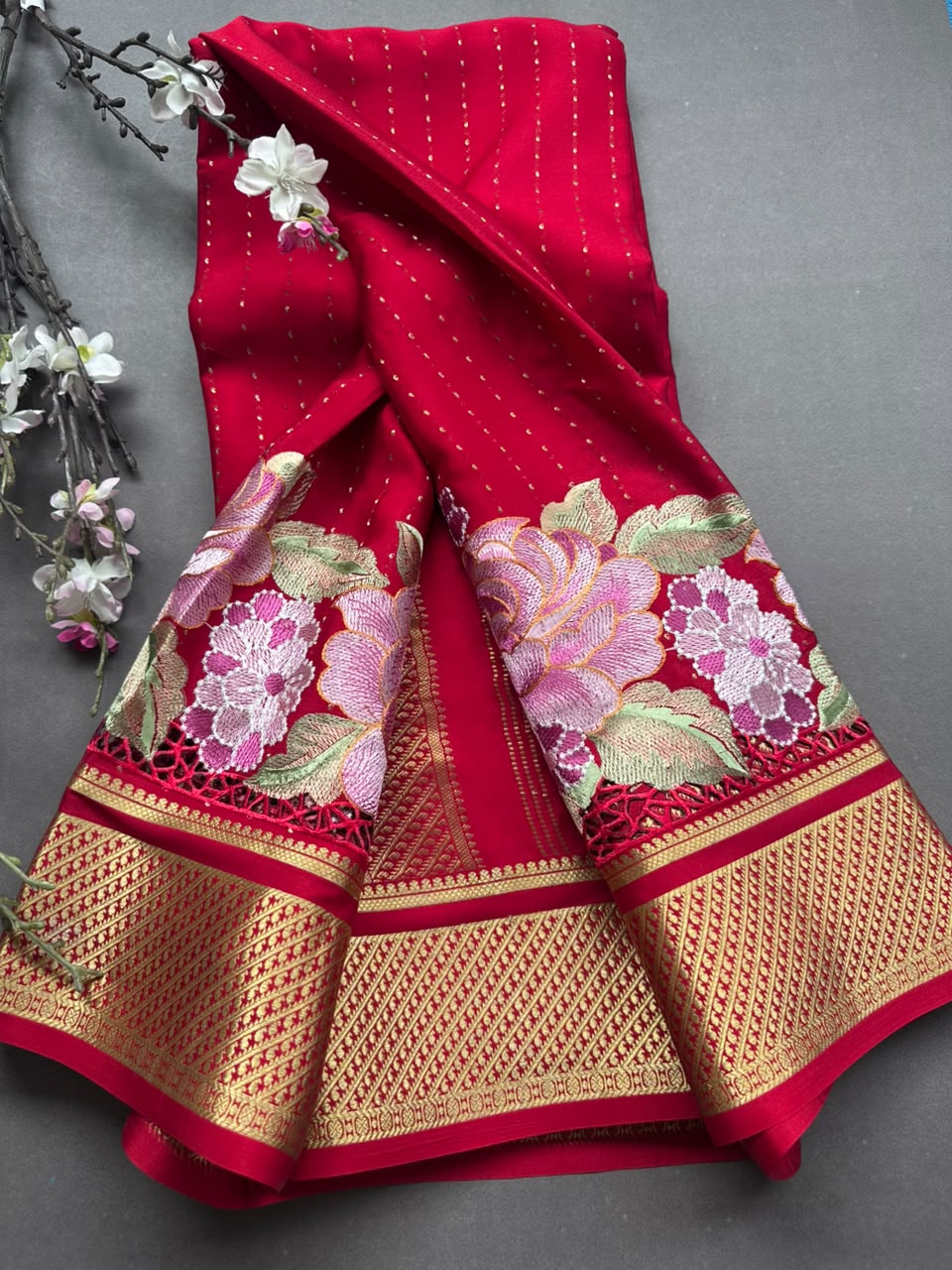 Red Cutwork Embroidery Pure Mysore Crepe Silk Saree 108