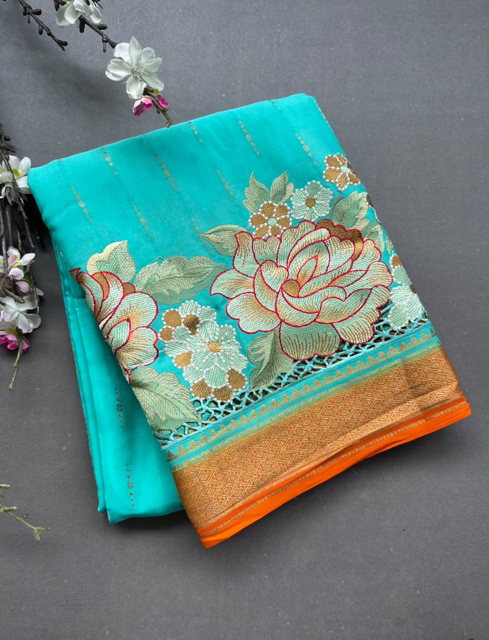 Distemper Cutwork Embroidery Pure Mysore Crepe Silk Saree 108