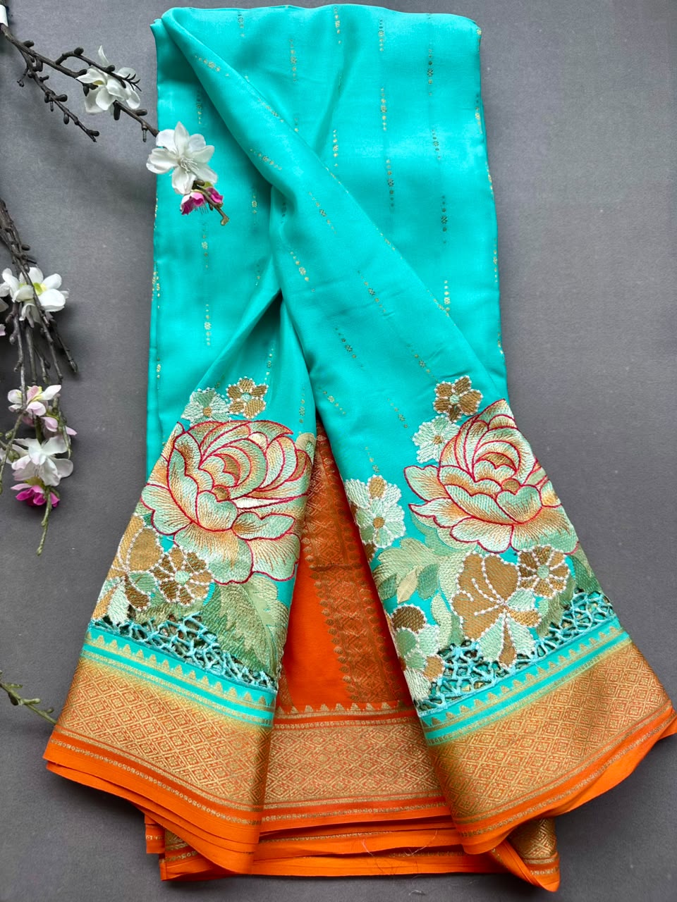 Distemper Cutwork Embroidery Pure Mysore Crepe Silk Saree 108