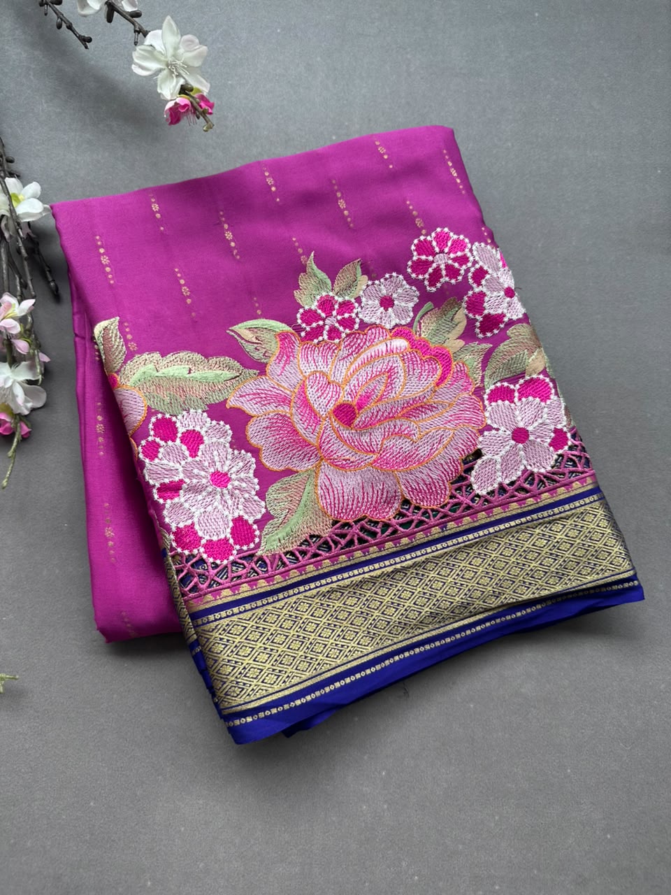Magenta Cutwork Embroidery Pure Mysore Crepe Silk Saree 108