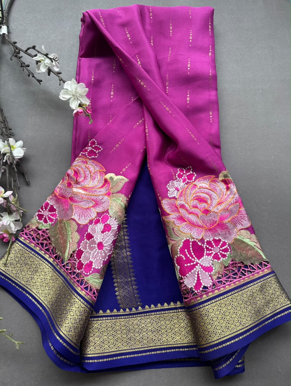 Magenta Cutwork Embroidery Pure Mysore Crepe Silk Saree 108