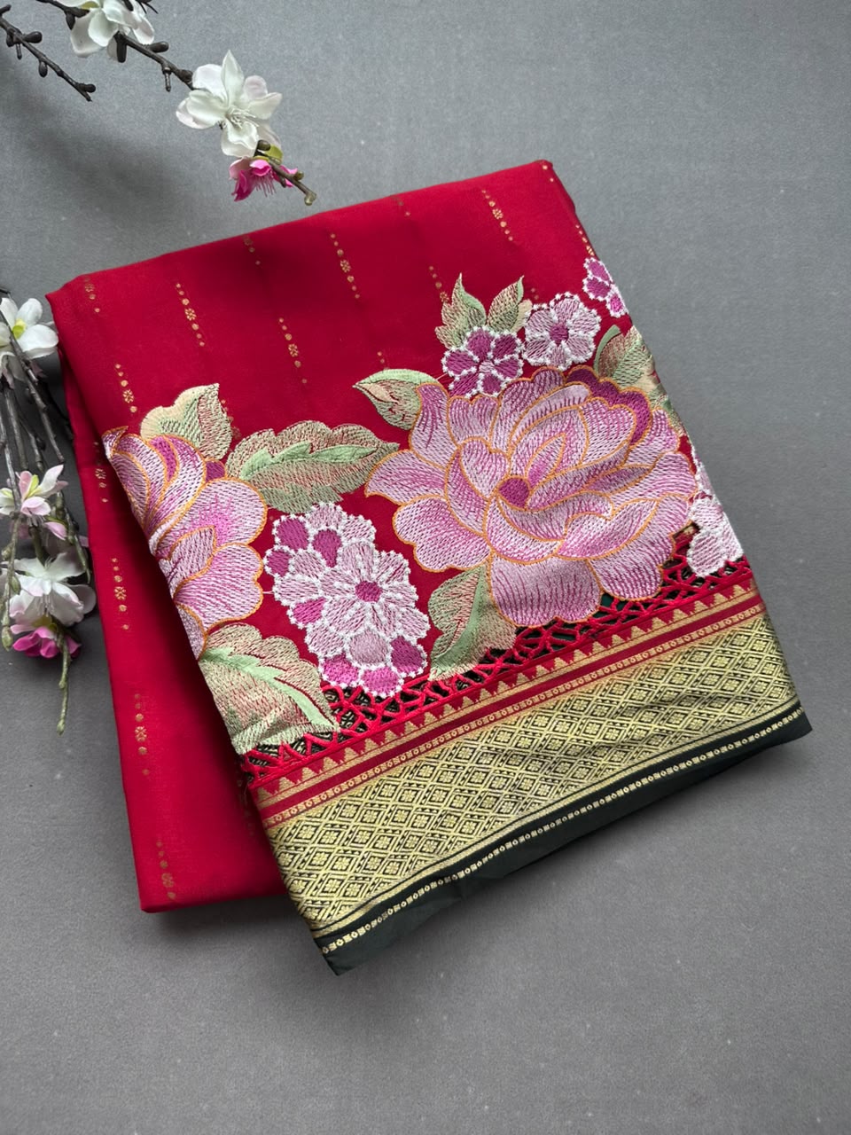 Red Cutwork Embroidery Pure Mysore Crepe Silk Saree 108