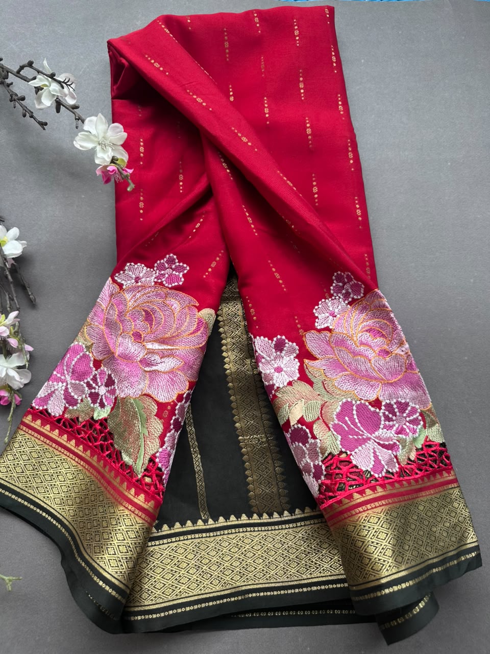Red Cutwork Embroidery Pure Mysore Crepe Silk Saree 108
