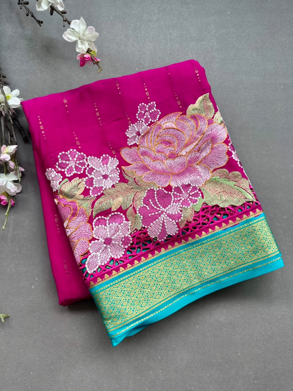 Magenta Cutwork Embroidery Pure Mysore Crepe Silk Saree 108