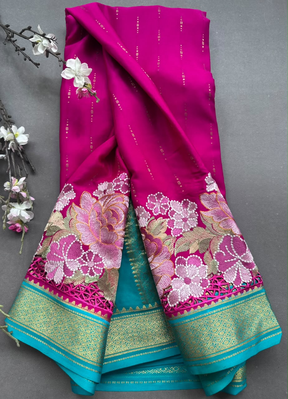 Magenta Cutwork Embroidery Pure Mysore Crepe Silk Saree 108