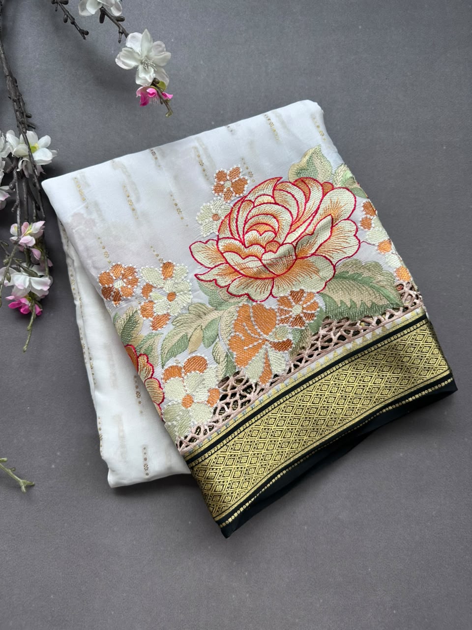 Cream Cutwork Embroidery Pure Mysore Crepe Silk Saree 108