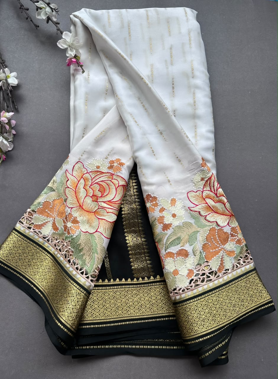 Cream Cutwork Embroidery Pure Mysore Crepe Silk Saree 108