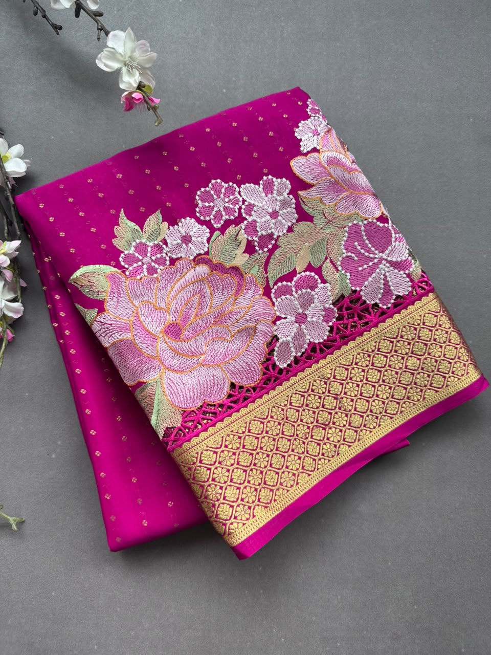 Magenta Cutwork Embroidery Pure Mysore Crepe Silk Saree 108