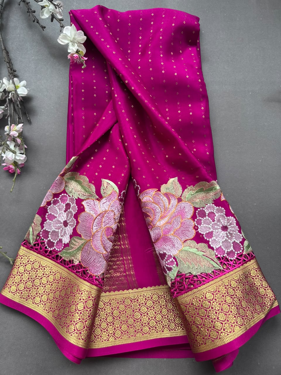 Magenta Cutwork Embroidery Pure Mysore Crepe Silk Saree 108