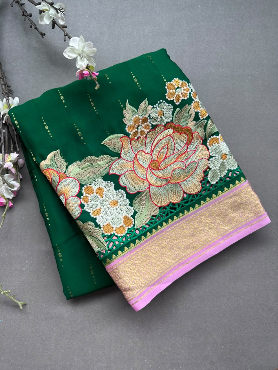 Bottle Green Cutwork Embroidery Pure Mysore Crepe Silk Saree 108
