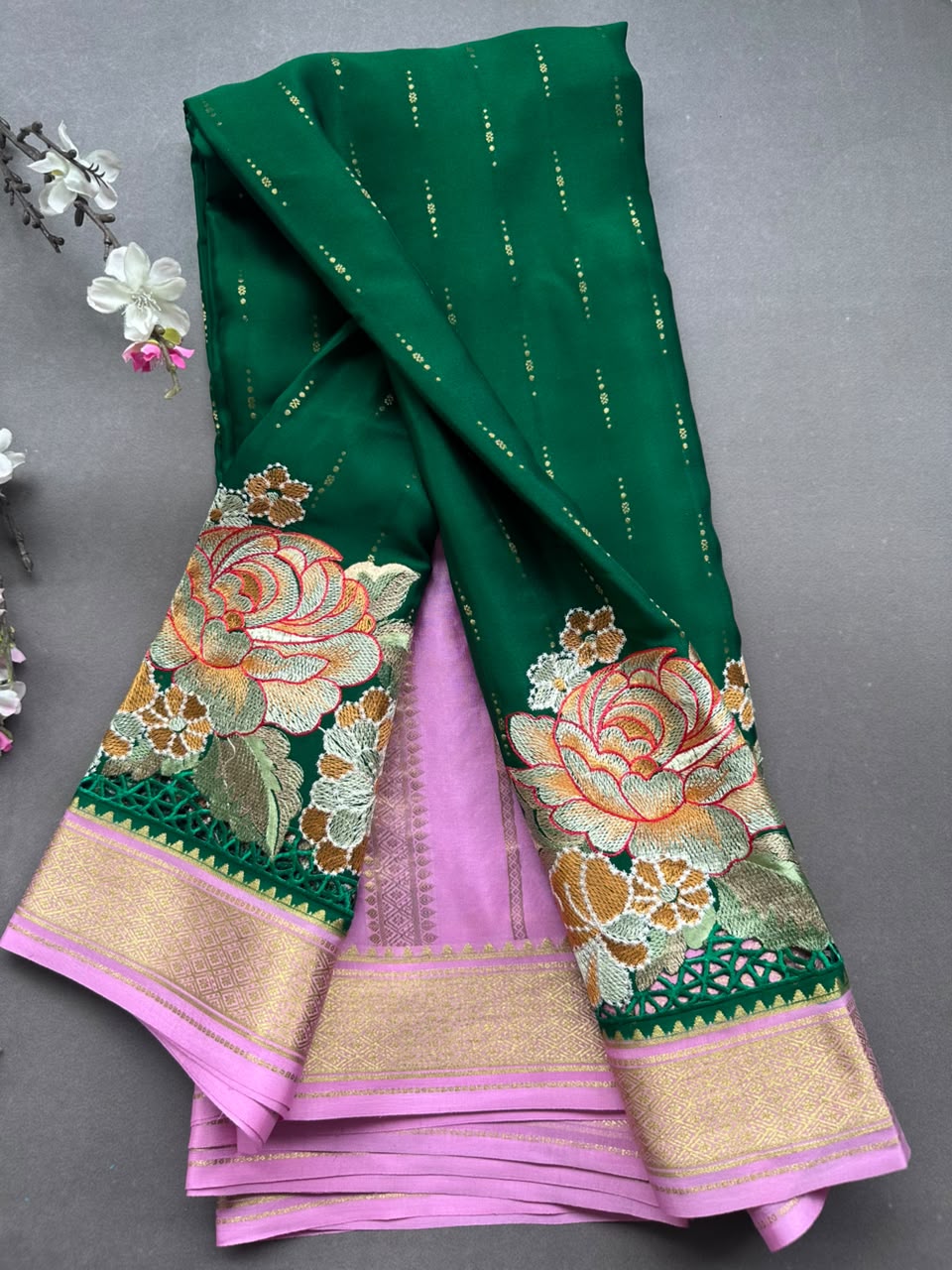 Bottle Green Cutwork Embroidery Pure Mysore Crepe Silk Saree 108