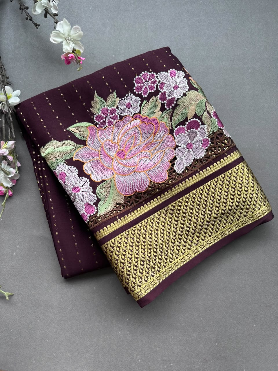 Brown Cutwork Embroidery Pure Mysore Crepe Silk Saree 108