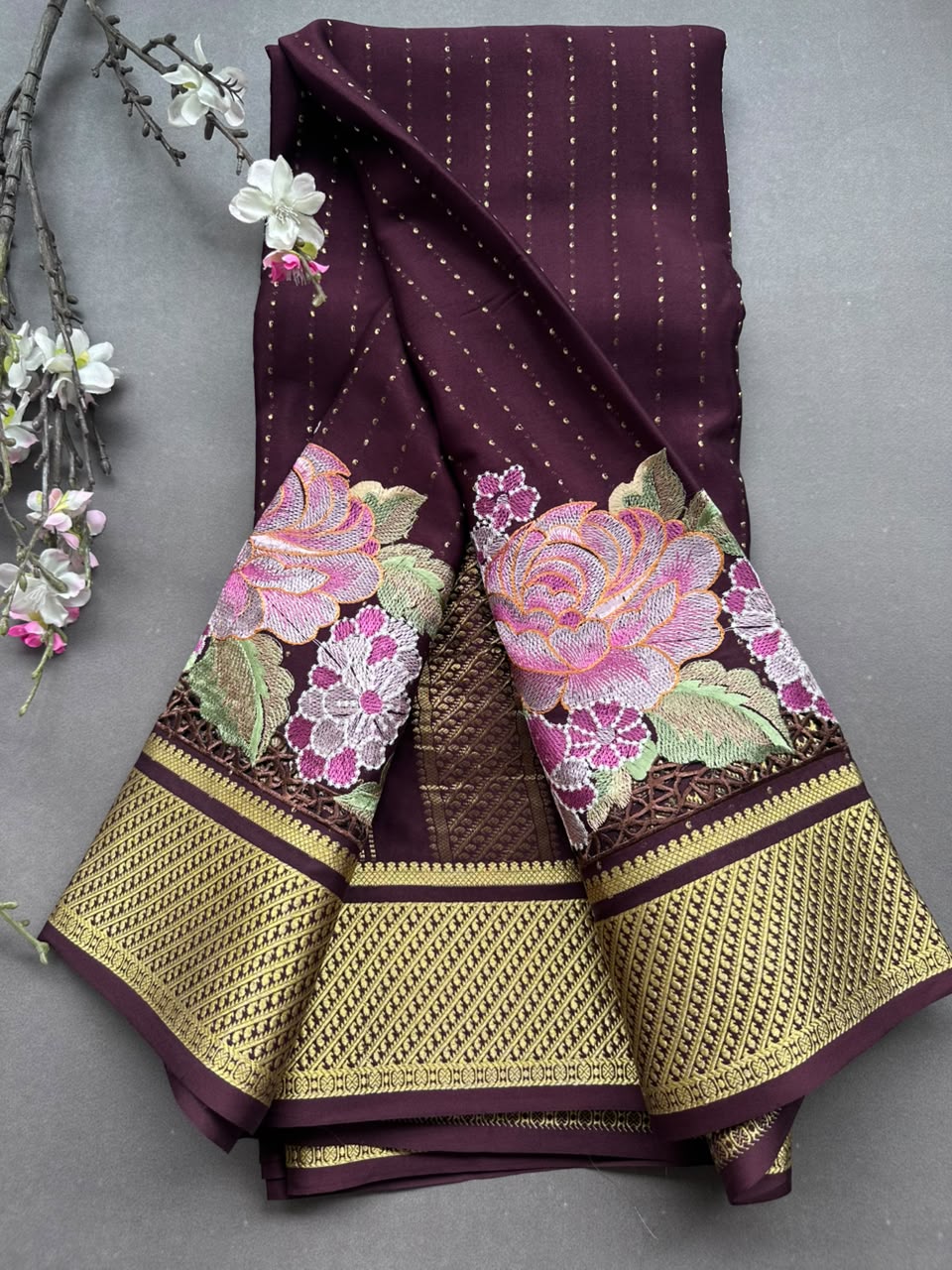 Brown Cutwork Embroidery Pure Mysore Crepe Silk Saree 108