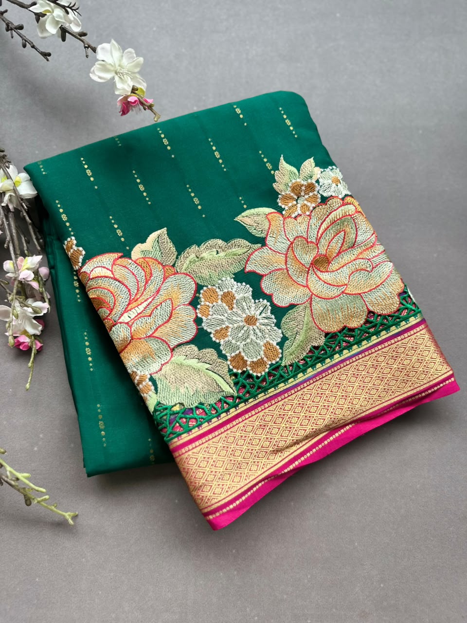 Green Cutwork Embroidery Pure Mysore Crepe Silk Saree 108
