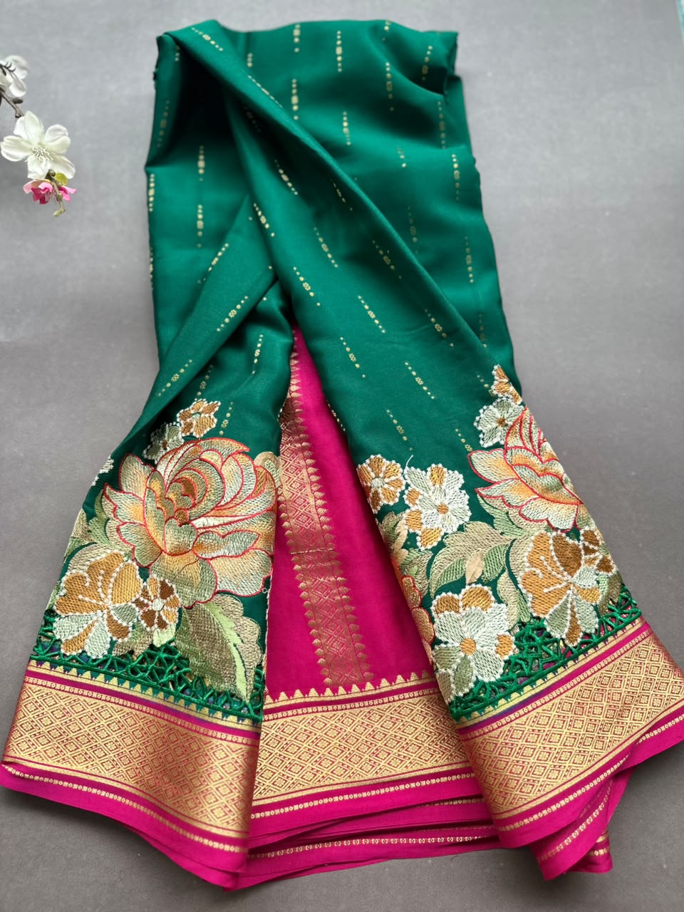Green Cutwork Embroidery Pure Mysore Crepe Silk Saree 108
