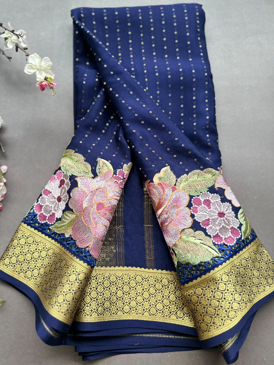 Navy Blue Cutwork Embroidery Pure Mysore Crepe Silk Saree 108