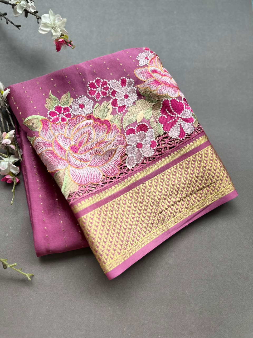 Mauve Cutwork Embroidery Pure Mysore Crepe Silk Saree 108