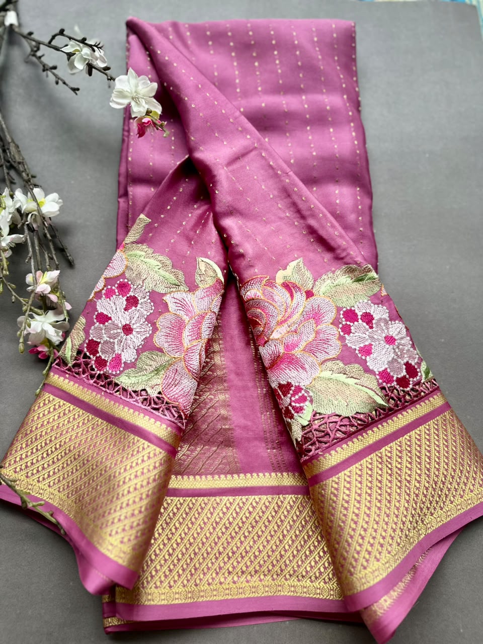 Mauve Cutwork Embroidery Pure Mysore Crepe Silk Saree 108