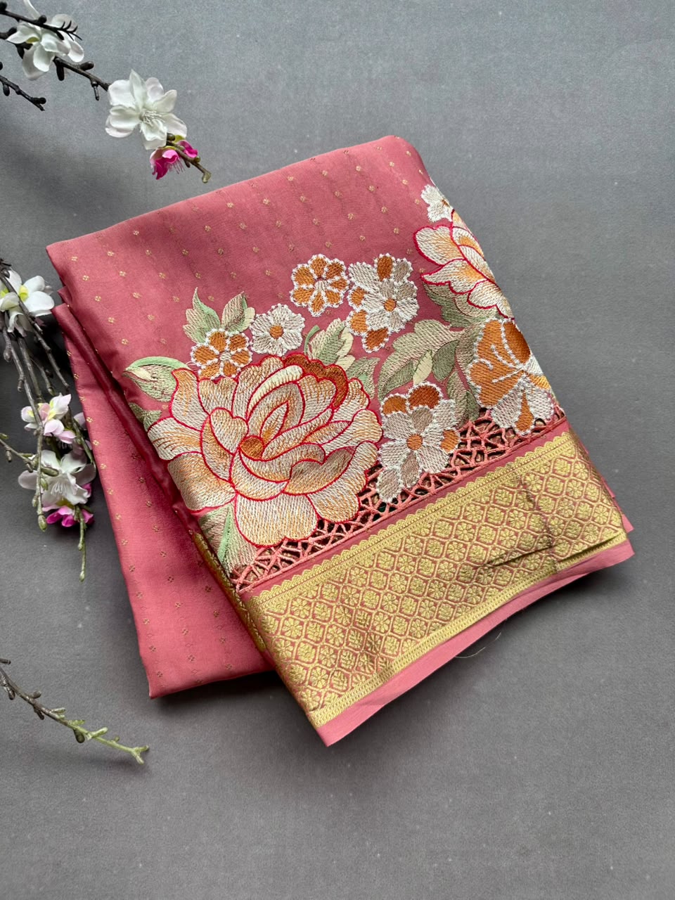 Coral Cutwork Embroidery Pure Mysore Crepe Silk Saree 108