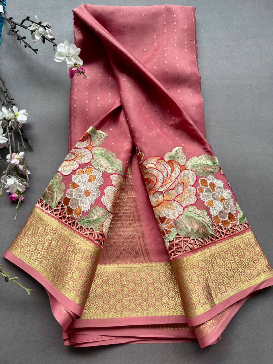 Coral Cutwork Embroidery Pure Mysore Crepe Silk Saree 108