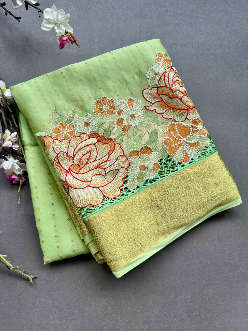 Pista Green Cutwork Embroidery Pure Mysore Crepe Silk Saree 108