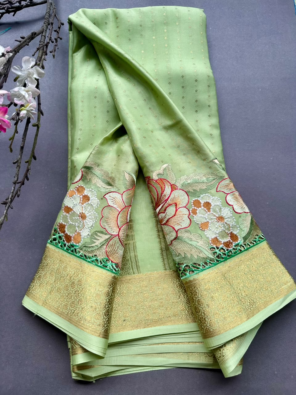 Pista Green Cutwork Embroidery Pure Mysore Crepe Silk Saree 108