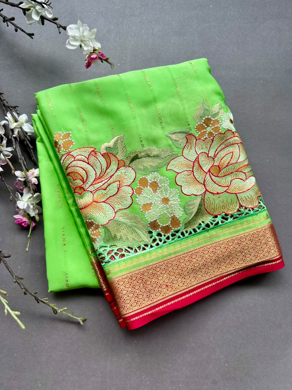 Parot Green Cutwork Embroidery Pure Mysore Crepe Silk Saree 108