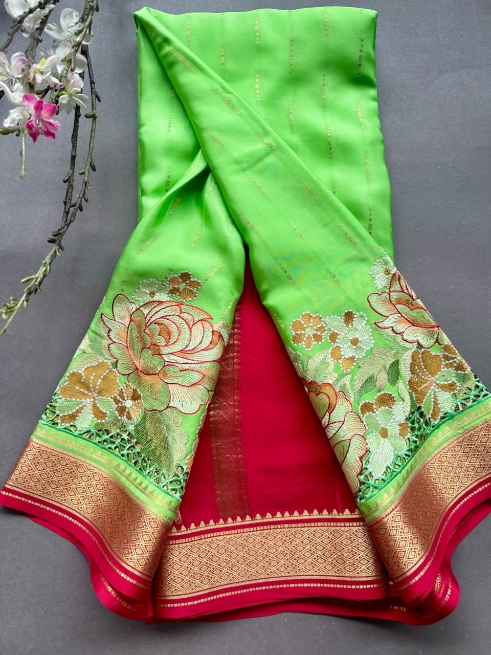 Parot Green Cutwork Embroidery Pure Mysore Crepe Silk Saree 108