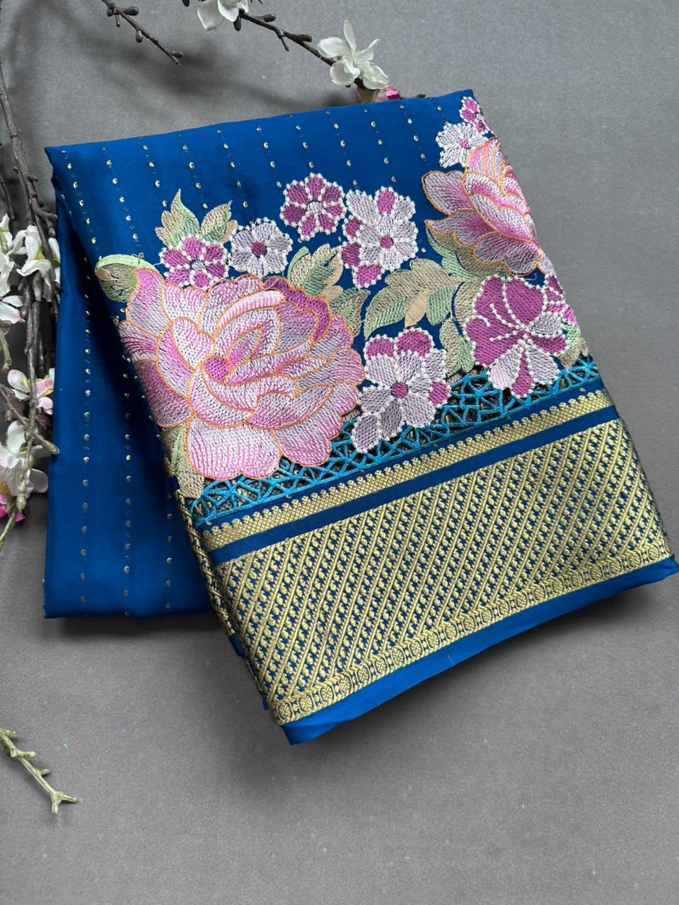 Peacock Blue Cutwork Embroidery Pure Mysore Crepe Silk Saree 108