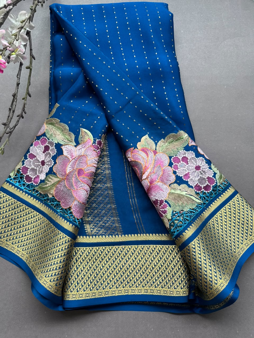 Peacock Blue Cutwork Embroidery Pure Mysore Crepe Silk Saree 108