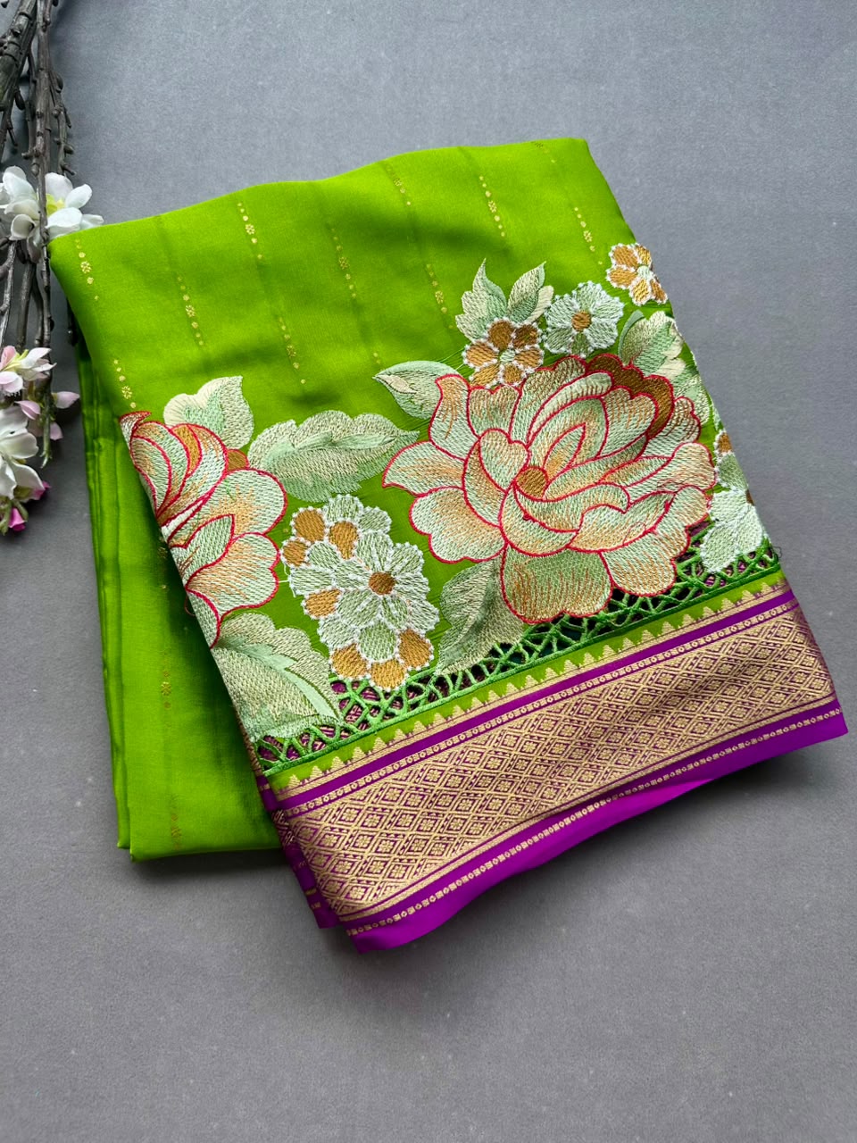 Green Cutwork Embroidery Pure Mysore Crepe Silk Saree 108