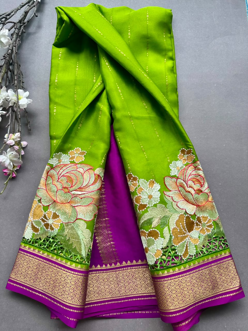 Green Cutwork Embroidery Pure Mysore Crepe Silk Saree 108