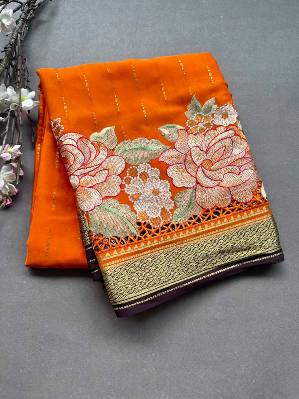 Orange Cutwork Embroidery Pure Mysore Crepe Silk Saree 108