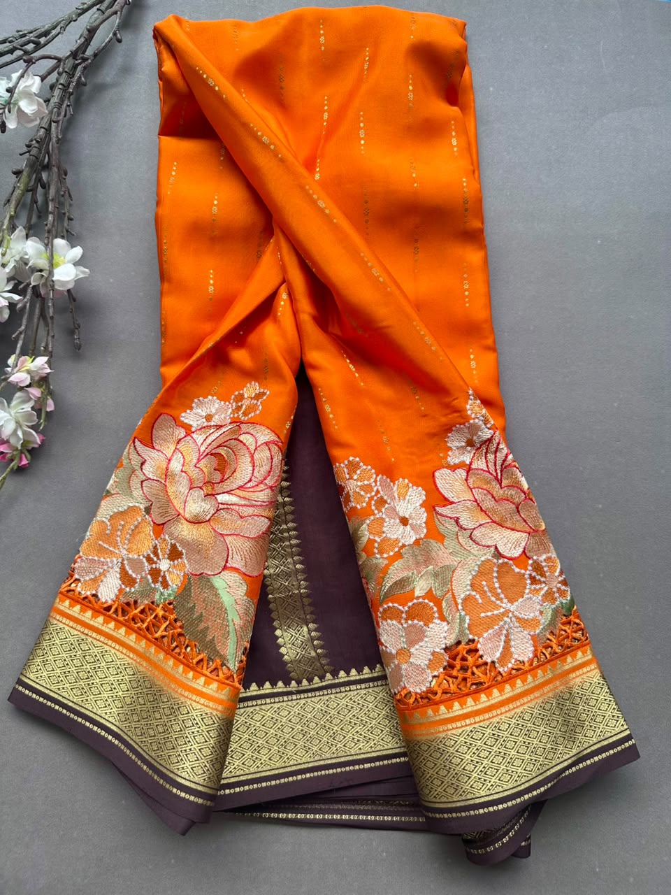 Orange Cutwork Embroidery Pure Mysore Crepe Silk Saree 108