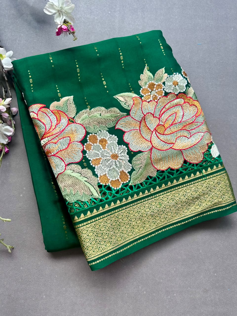 Bottle Green Cutwork Embroidery Pure Mysore Crepe Silk Saree 108