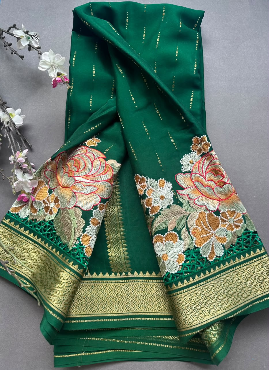 Bottle Green Cutwork Embroidery Pure Mysore Crepe Silk Saree 108