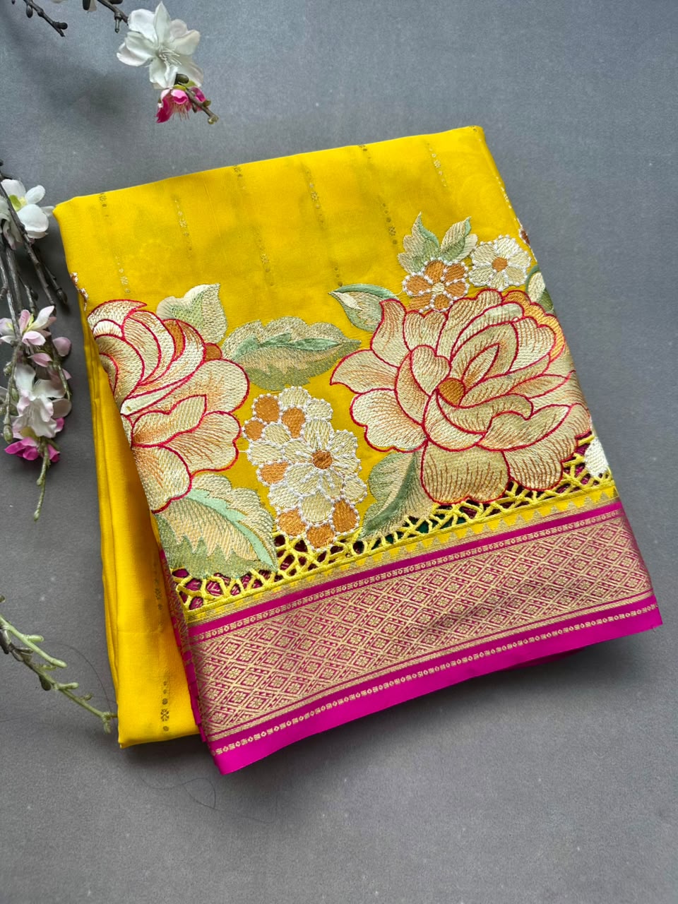 Yellow Cutwork Embroidery Pure Mysore Crepe Silk Saree 108