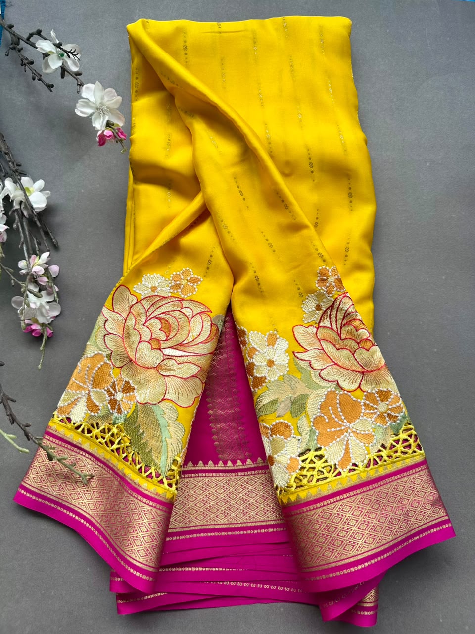 Yellow Cutwork Embroidery Pure Mysore Crepe Silk Saree 108