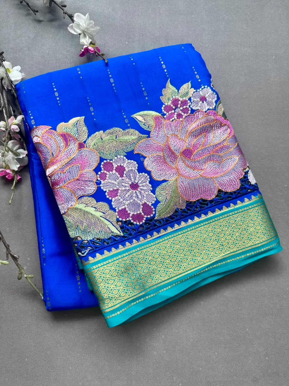 Royal Blue Cutwork Embroidery Pure Mysore Crepe Silk Saree 108