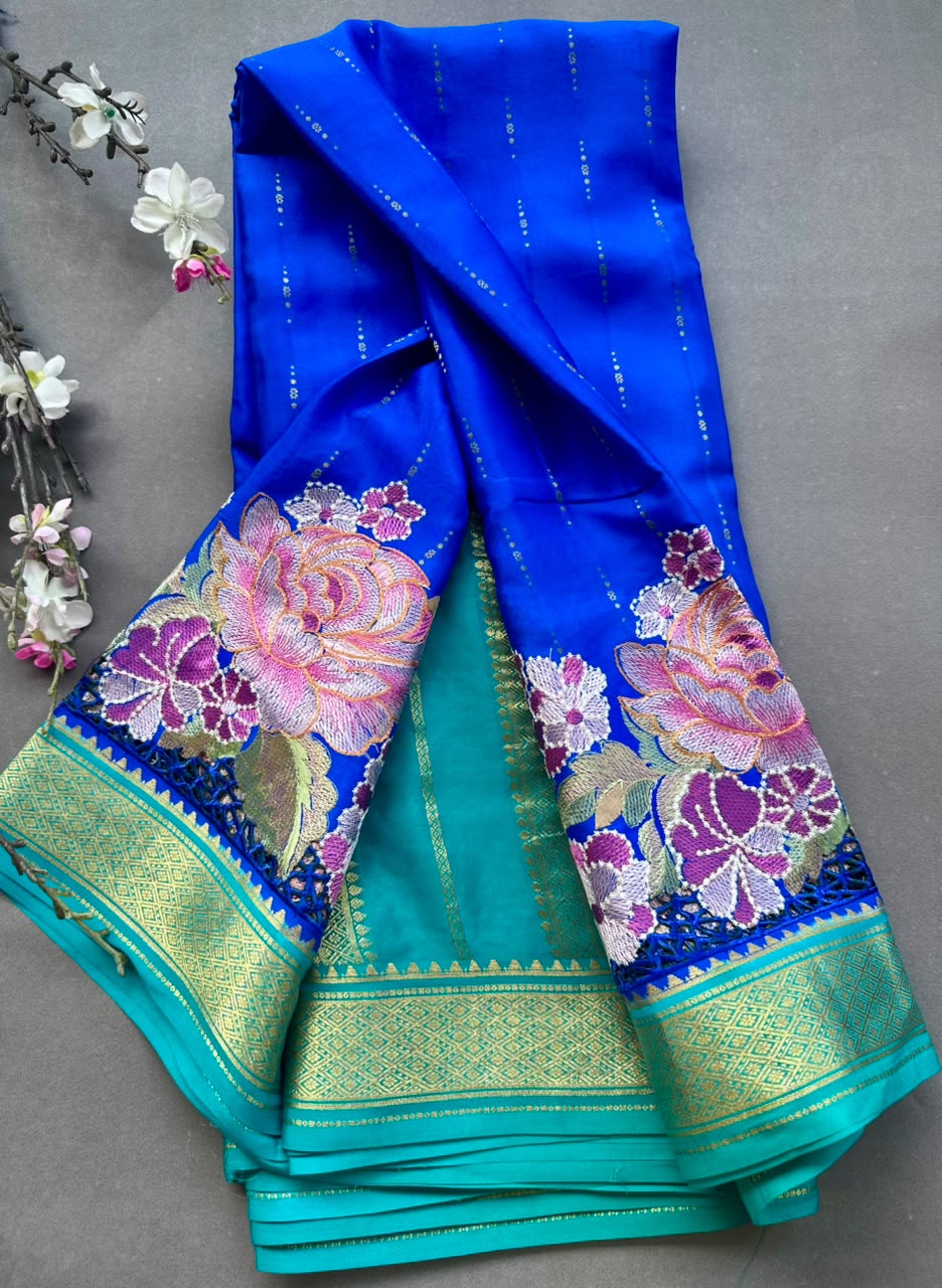 Royal Blue Cutwork Embroidery Pure Mysore Crepe Silk Saree 108