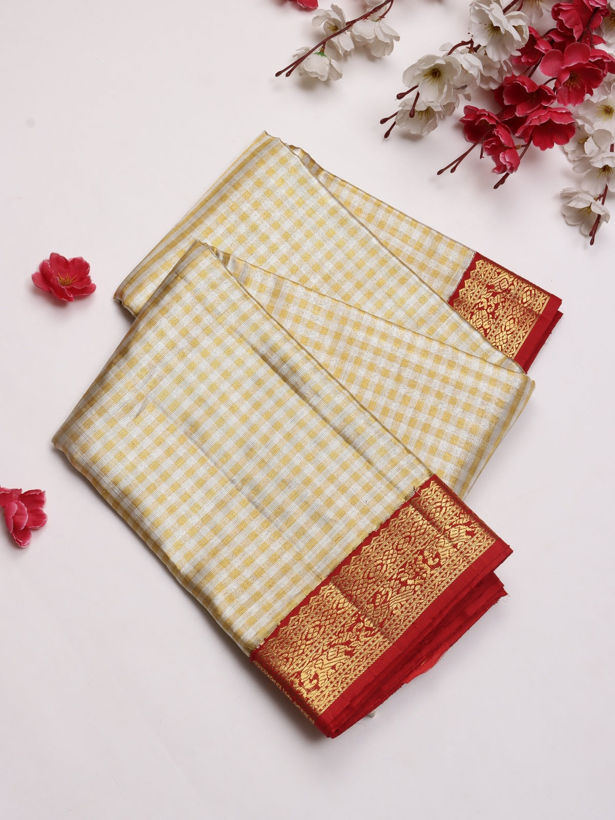 Cream Checks Pure Kanchi Silk Saree 4G (Swara)