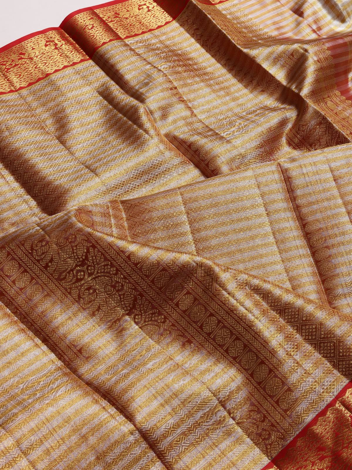 Cream Checks Pure Kanchi Silk Saree 4G (Swara)
