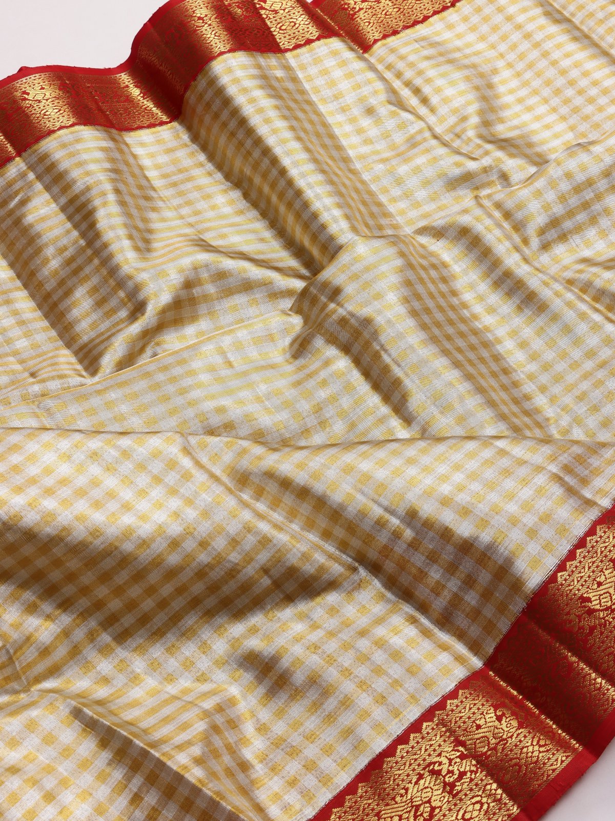 Cream Checks Pure Kanchi Silk Saree 4G (Swara)